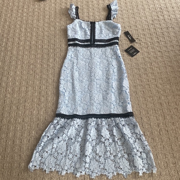 Lulu's Lace Crochet Eyelet Ruffle Hem Mermaid Blue Cocktail Midi Dress Gown - Picture 6 of 10